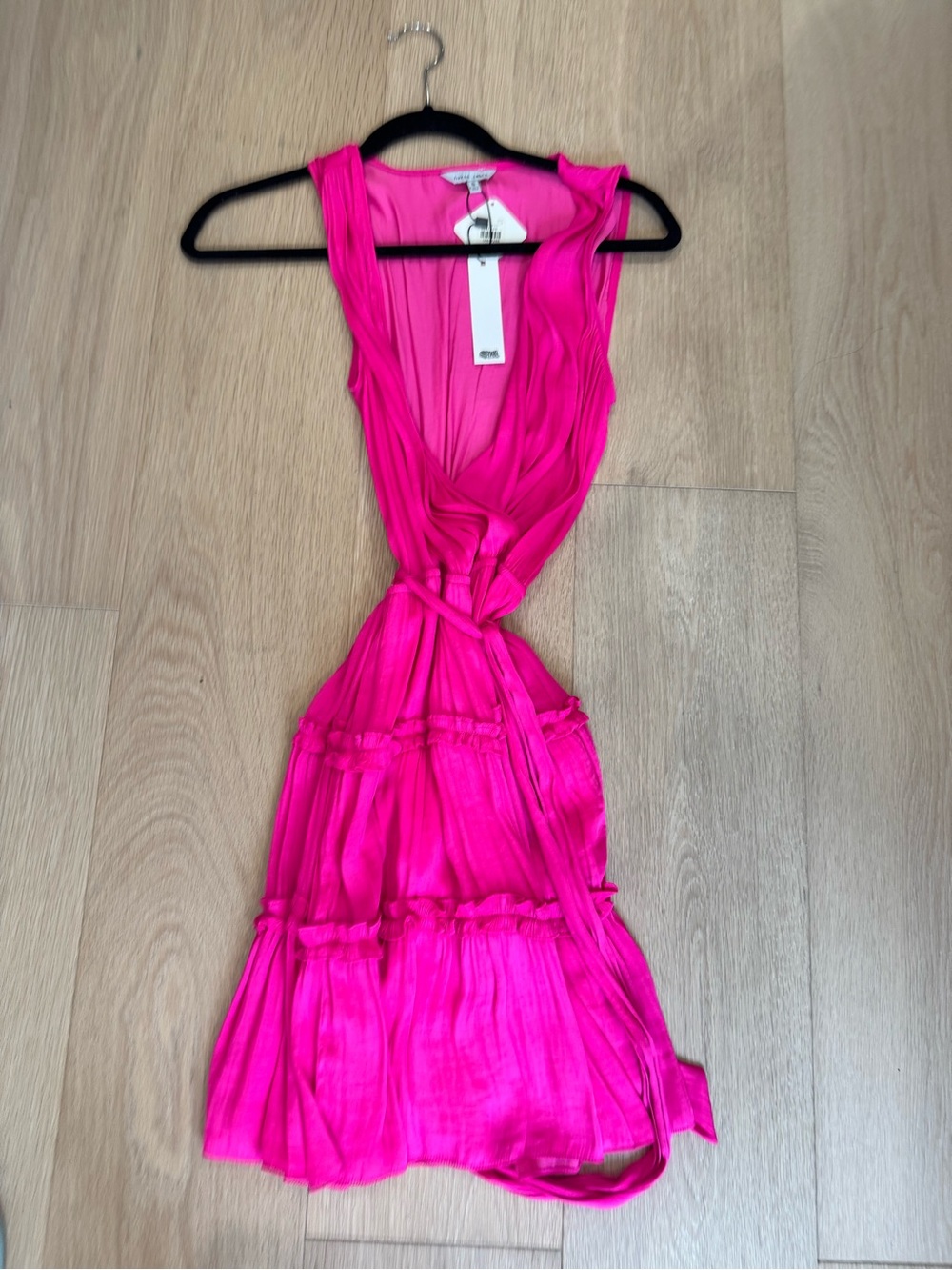 Naked Zebra Bright Pink Sleeveless Tiered Wrap Mini Dress